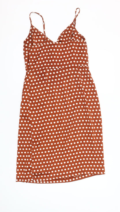New Look Women's Brown Polka Dot Midi Slip Dress Size 10