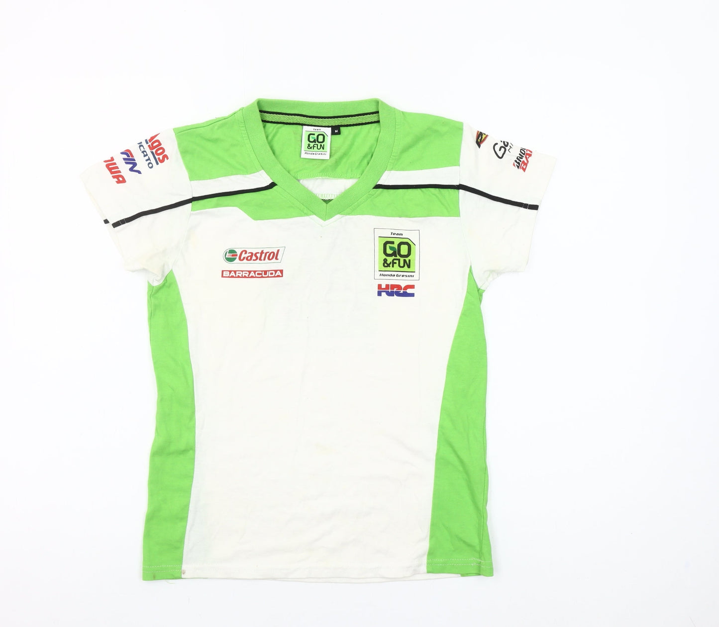 GO&FUN Boys White Green V-Neck Motorcycle Team T-Shirt Size M