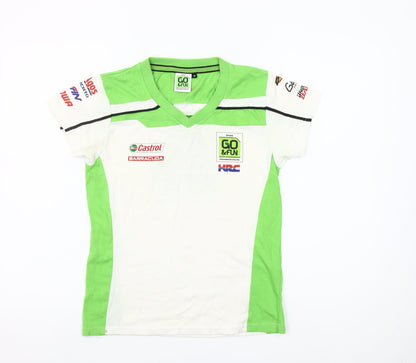 GO&FUN Boys White Green V-Neck Motorcycle Team T-Shirt Size M