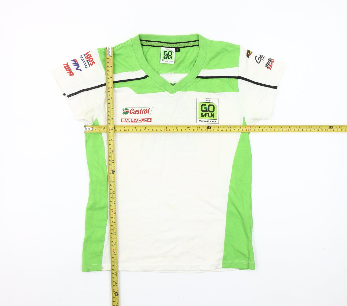 GO&FUN Boys White Green V-Neck Motorcycle Team T-Shirt Size M
