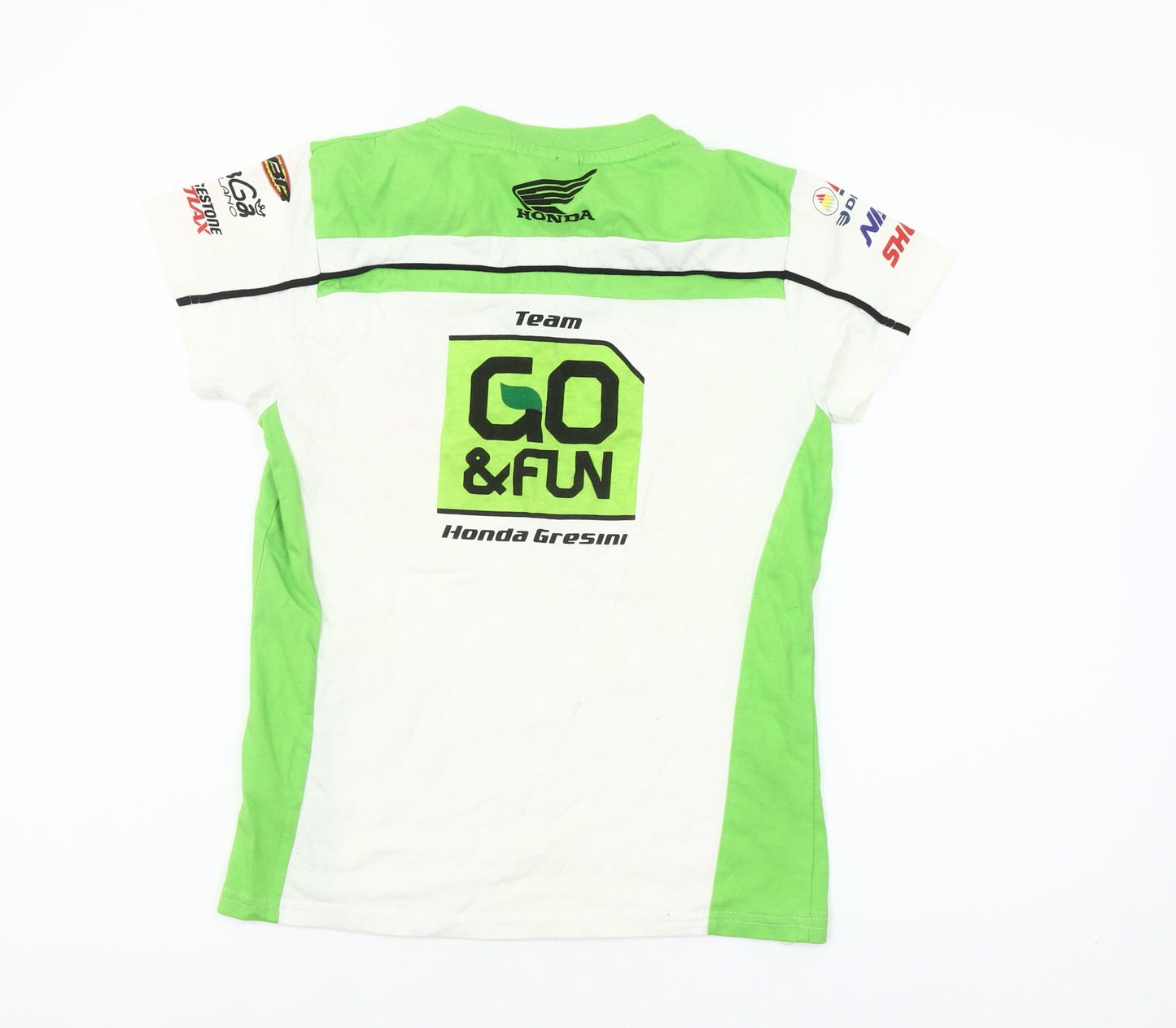 GO&FUN Boys White Green V-Neck Motorcycle Team T-Shirt Size M