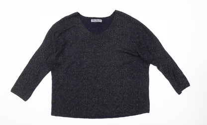 Paco Boutique Women's Blue Glitter Knit V-Neck 3/4 Sleeve Blouse XL
