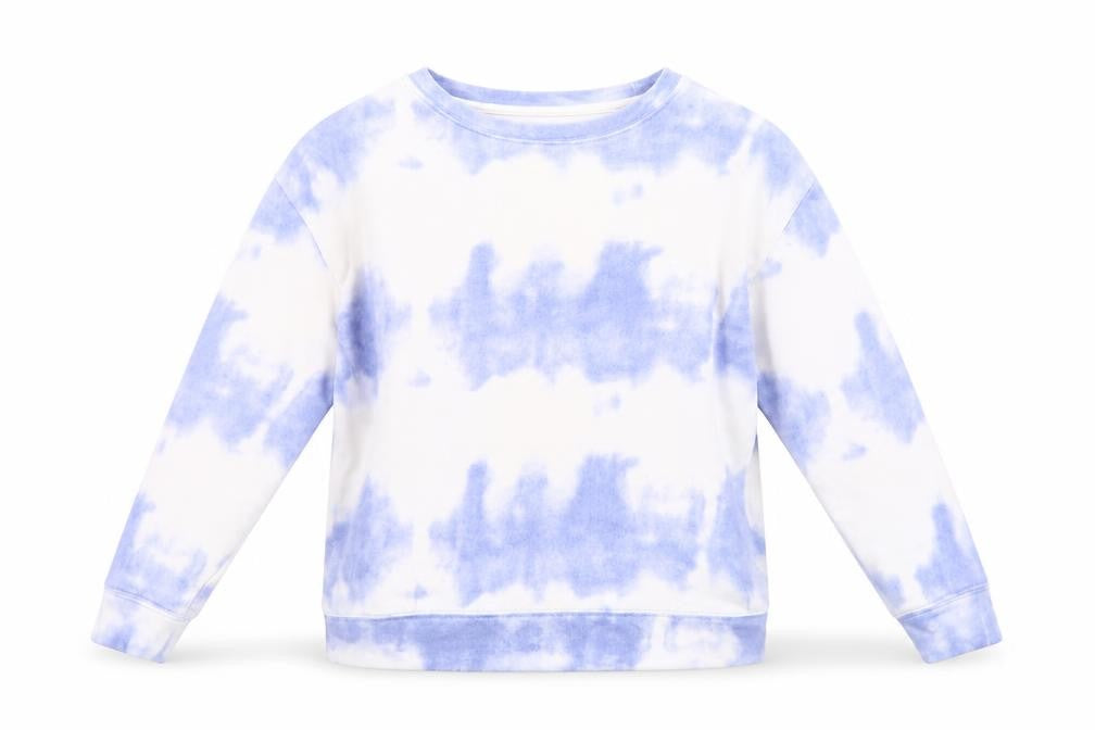 Front view of Dunnes Women Blue Tie-Dye Crew Neck Pullover Sweatshirt XS