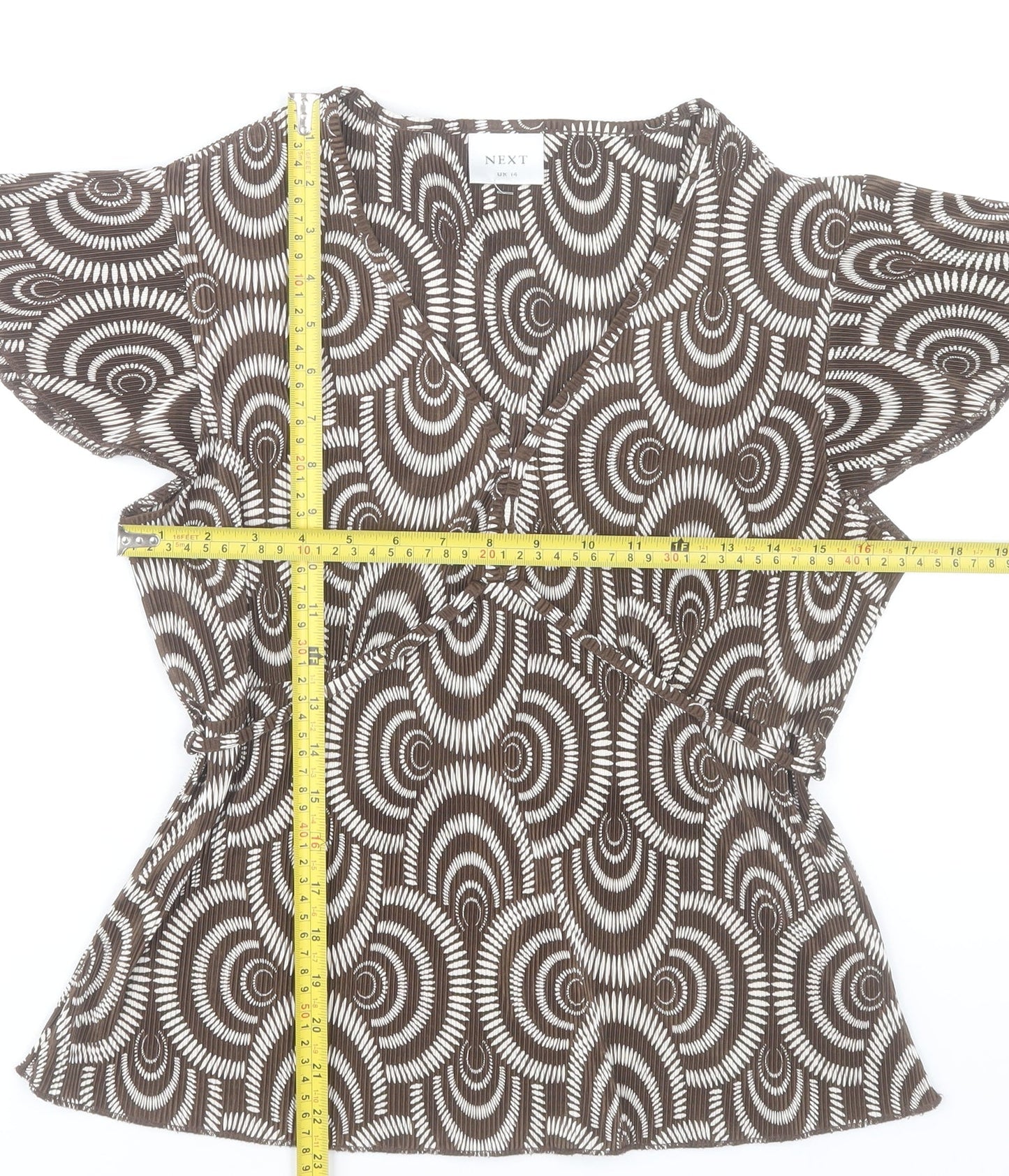 Next Womens Brown Geometric Wrap Blouse UK 14 Short Sleeve