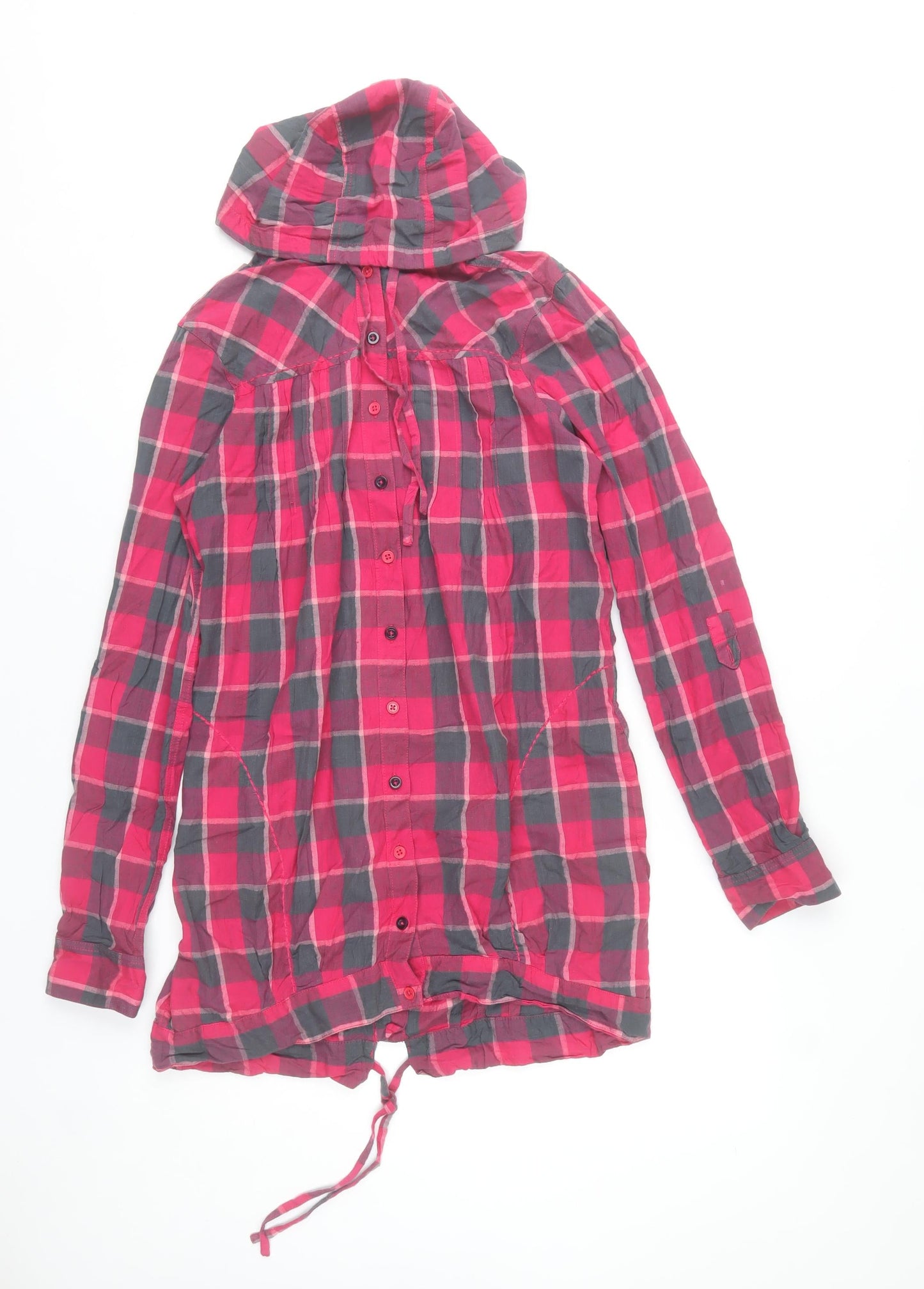 River Island Womens Red Check Hooded Jacket Size 12 Cotton Drawstring Casual