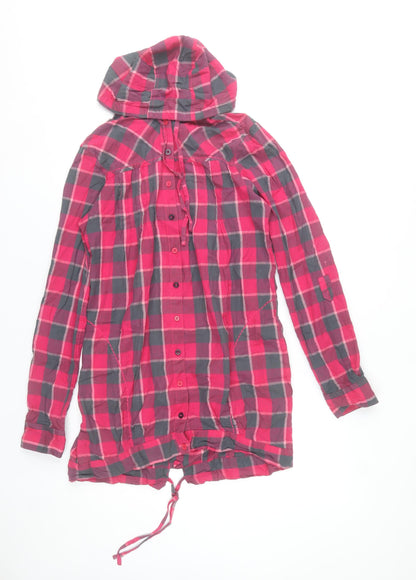 River Island Womens Red Check Hooded Jacket Size 12 Cotton Drawstring Casual