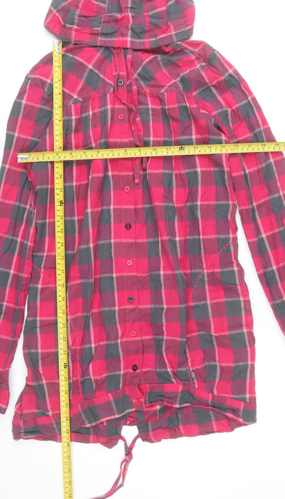 River Island Womens Red Check Hooded Jacket Size 12 Cotton Drawstring Casual