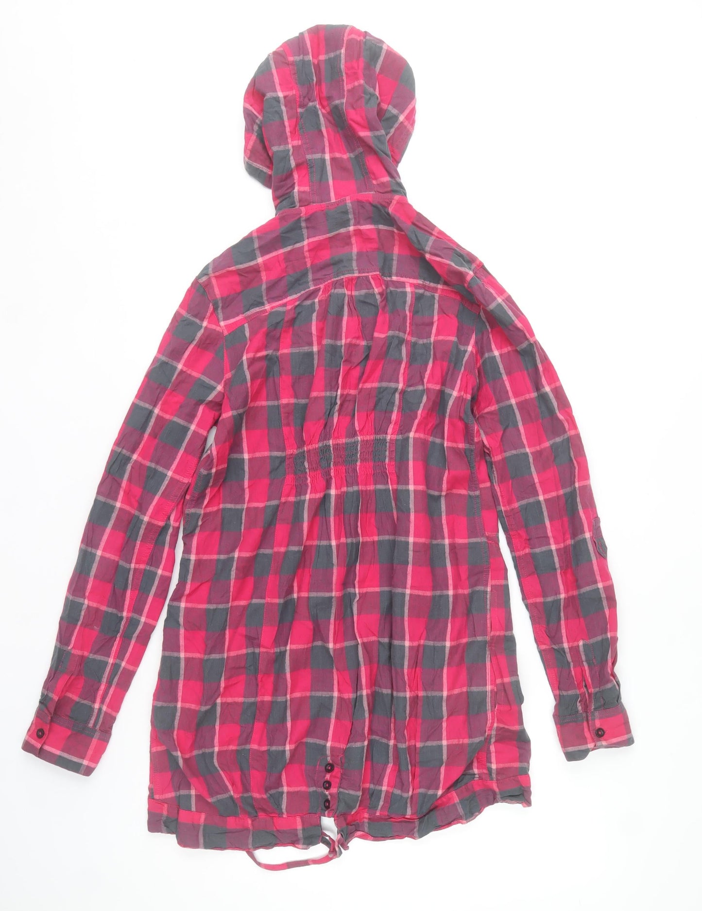 River Island Womens Red Check Hooded Jacket Size 12 Cotton Drawstring Casual