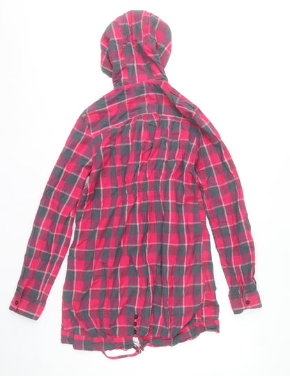 River Island Womens Red Check Hooded Jacket Size 12 Cotton Drawstring Casual