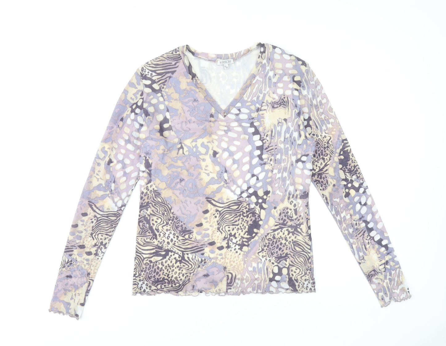 Gold Women’s Multicoloured Animal Print Mesh V-Neck Blouse Size 16