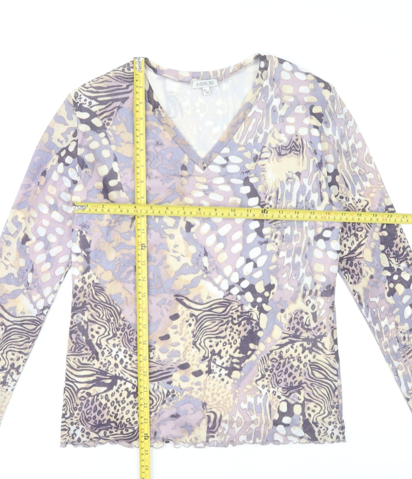 Gold Women’s Multicoloured Animal Print Mesh V-Neck Blouse Size 16