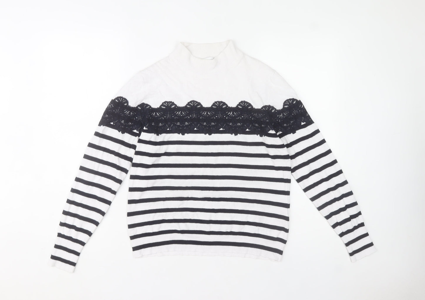 Warehouse Womens White Striped Lace Mock Neck Jumper Size 14