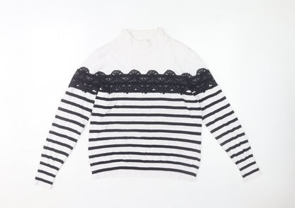 Warehouse Womens White Striped Lace Mock Neck Jumper Size 14