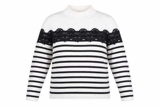 Warehouse Womens White Striped Lace Mock Neck Jumper Size 14