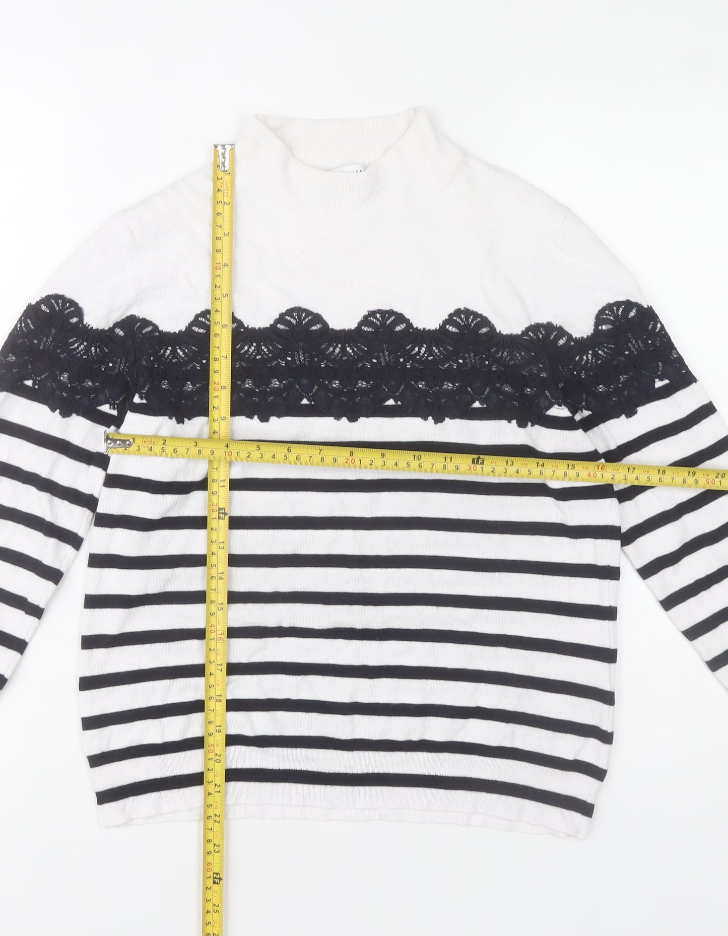 Warehouse Womens White Striped Lace Mock Neck Jumper Size 14