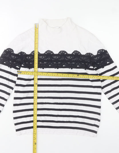 Warehouse Womens White Striped Lace Mock Neck Jumper Size 14