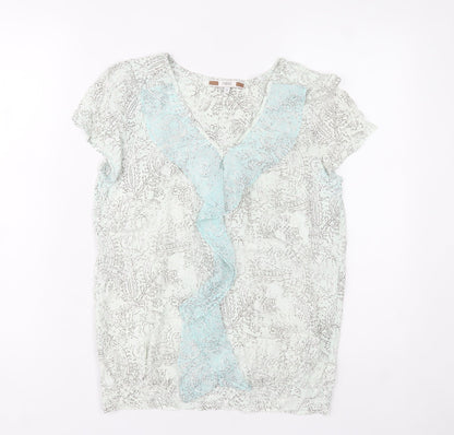 Next Women Blue Floral Ruffle V-Neck Short Sleeve Blouse Size 8