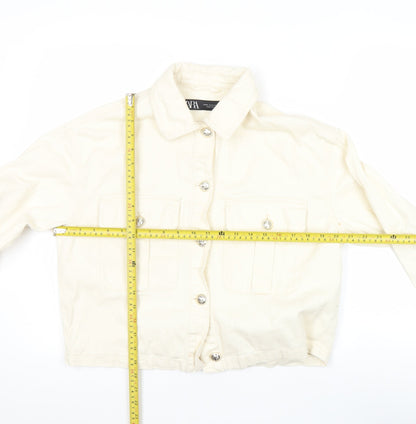 Zara Women Ivory Cotton Cropped Basic Jacket XS
