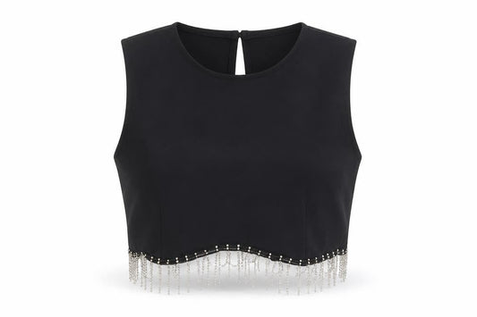 Primark Women Black Cropped Beaded Fringe Sleeveless Blouse Size 6