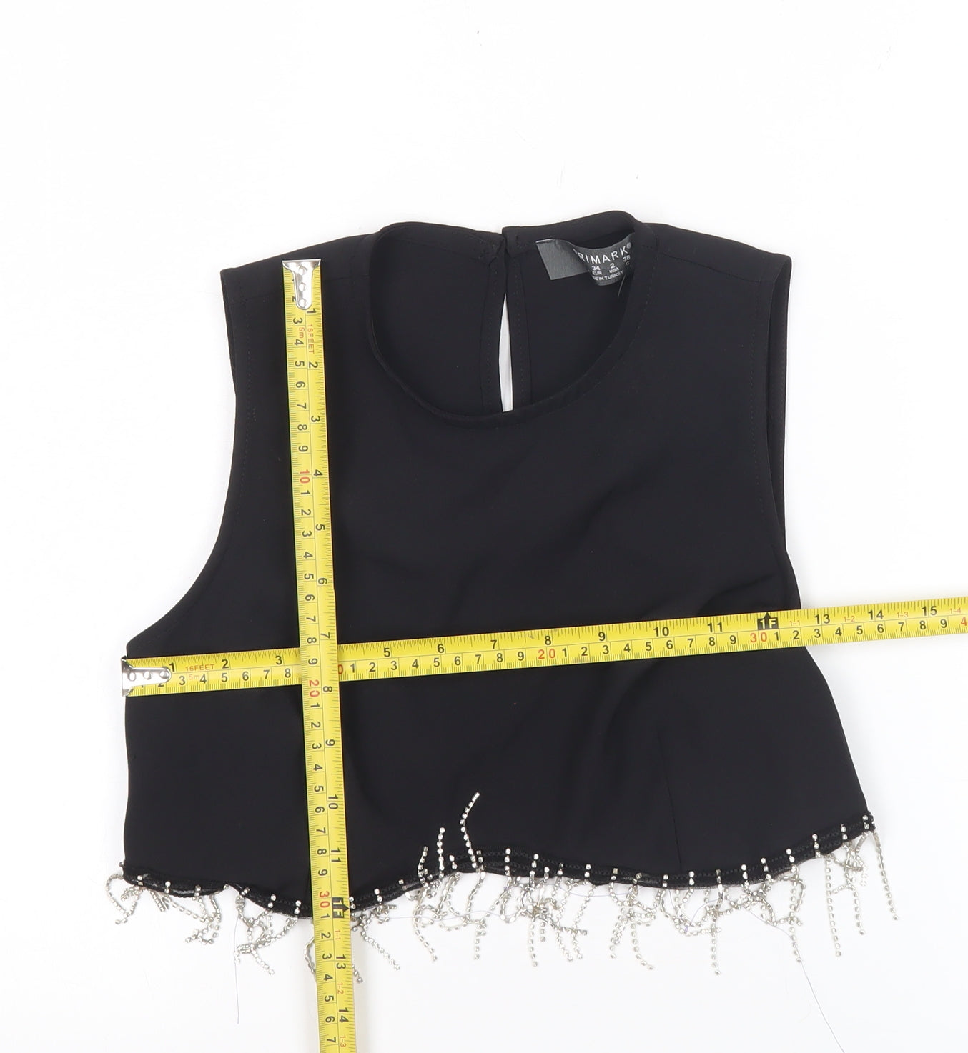 Primark Women Black Cropped Beaded Fringe Sleeveless Blouse Size 6