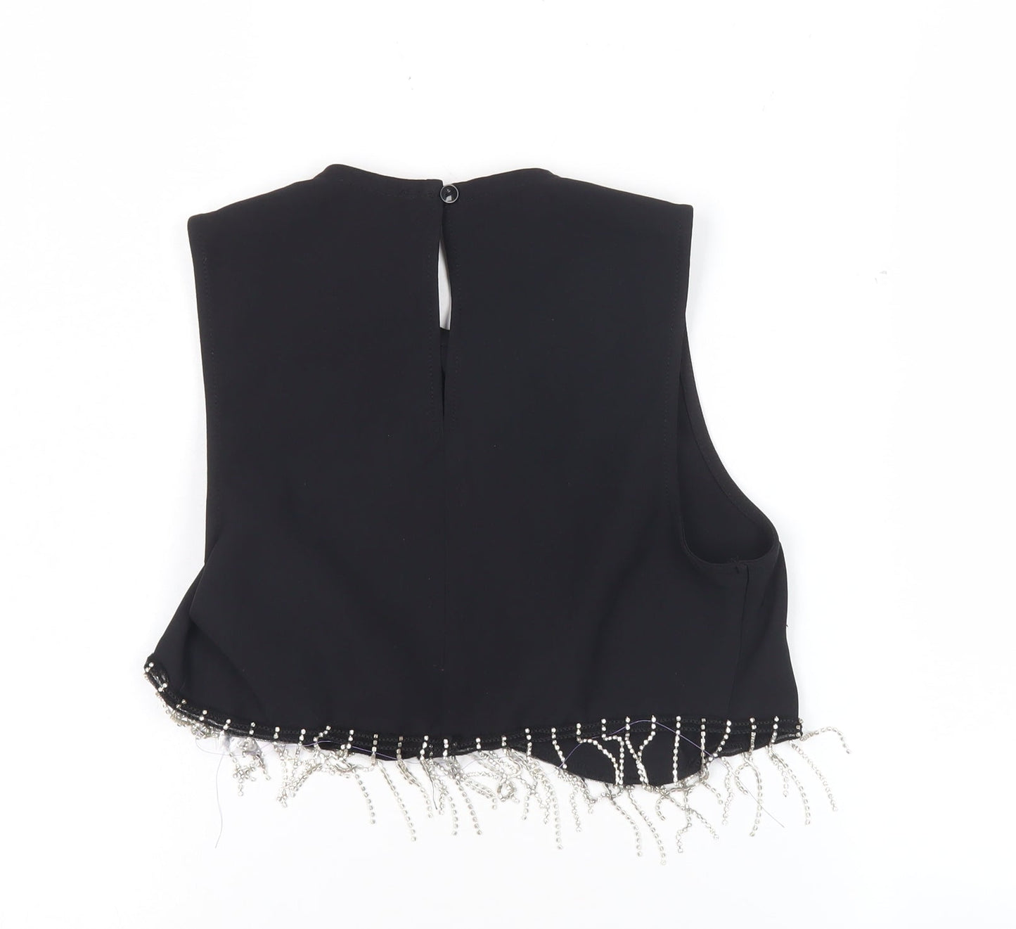 Primark Women Black Cropped Beaded Fringe Sleeveless Blouse Size 6