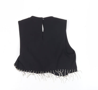 Primark Women Black Cropped Beaded Fringe Sleeveless Blouse Size 6