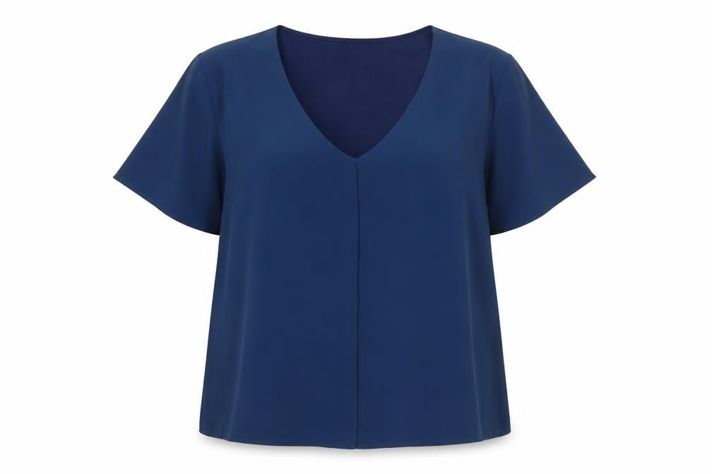 Front view of Dunnes Women's Blue V-Neck Short Sleeve Blouse, size L