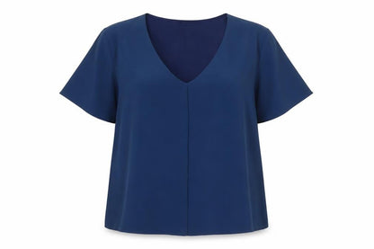 Front view of Dunnes Women's Blue V-Neck Short Sleeve Blouse, size L