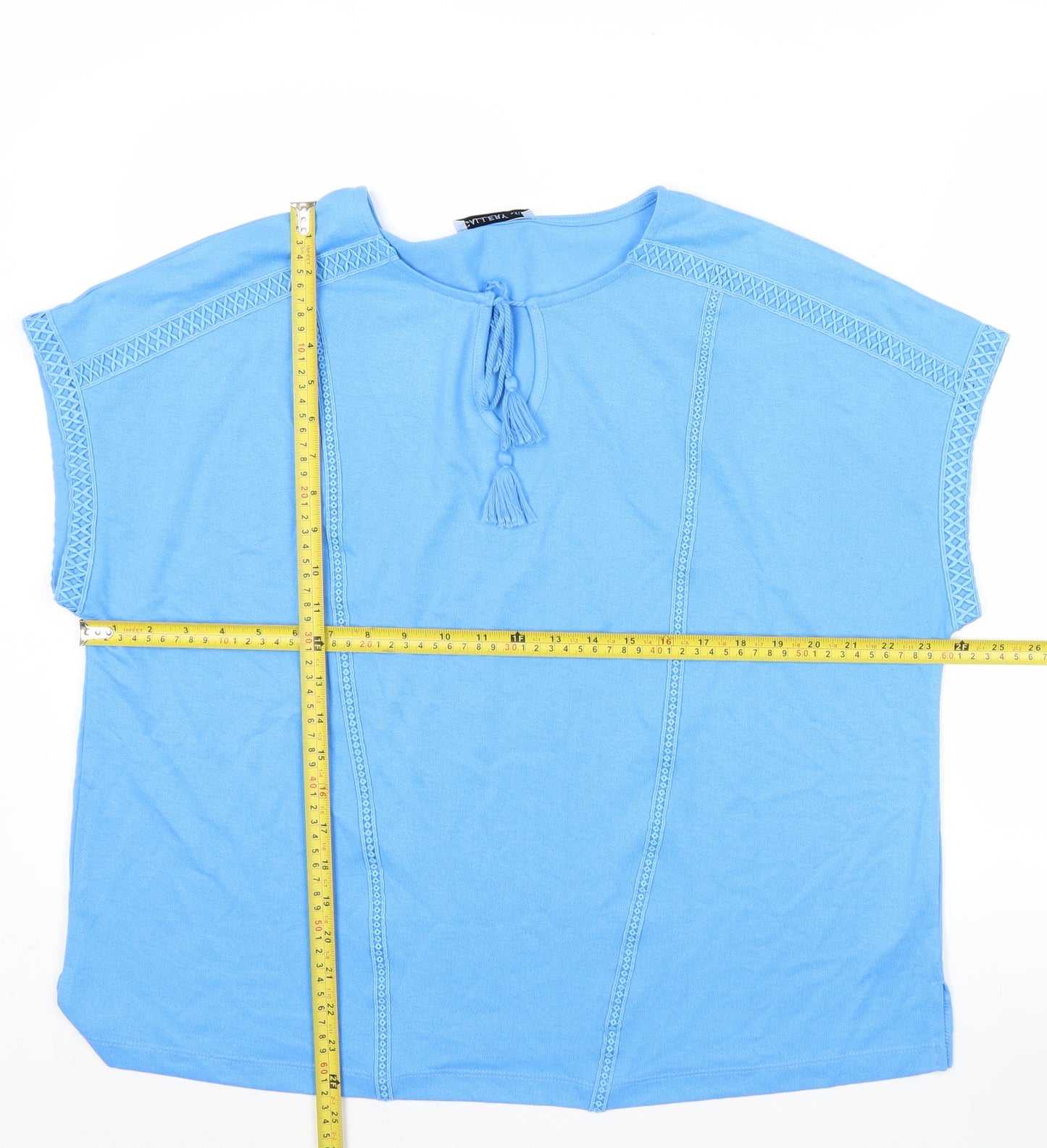 Gallery Women's Blue Tunic Blouse L Short Sleeve Tassel Detail