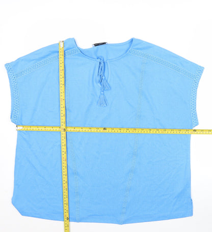 Gallery Women's Blue Tunic Blouse L Short Sleeve Tassel Detail