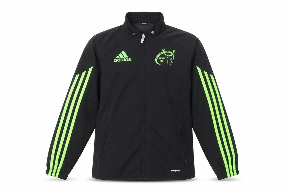 Front view of Adidas boys’ black green 9-10 years windbreaker jacket climaproof lined zip