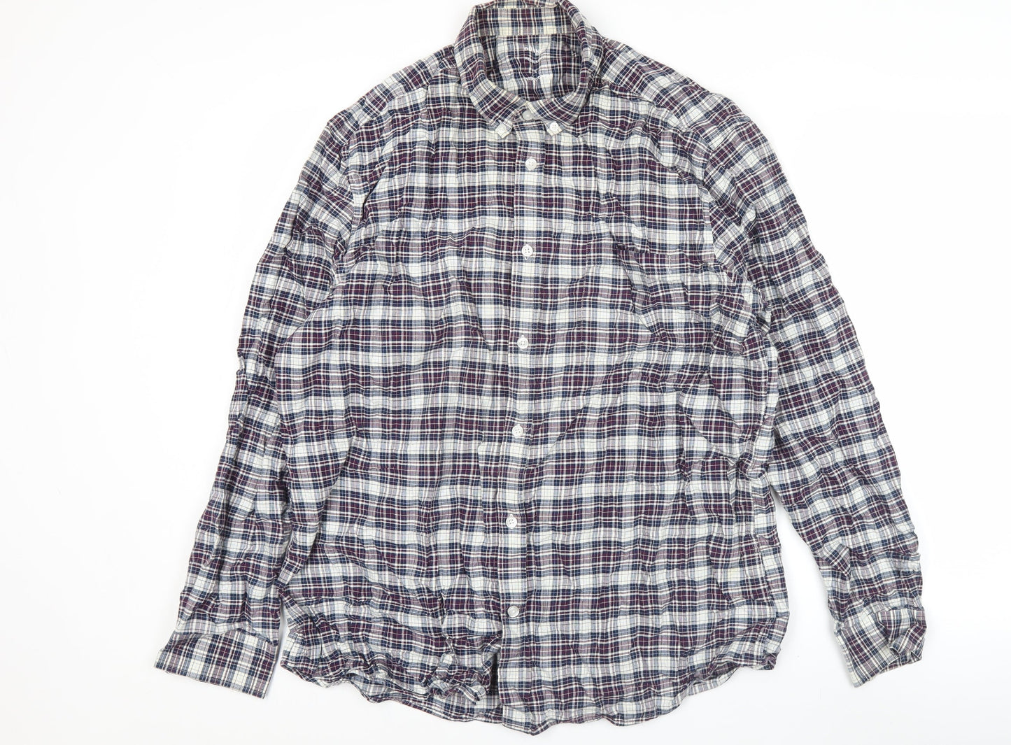 Dunnes Stores Men's Blue Plaid Cotton Regular Fit Long Sleeve Button-Up Shirt Size L