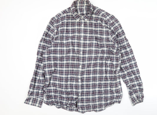 Front view of Dunnes Men's Blue Plaid Cotton Regular Fit Long Sleeve Button-Up Shirt, size L