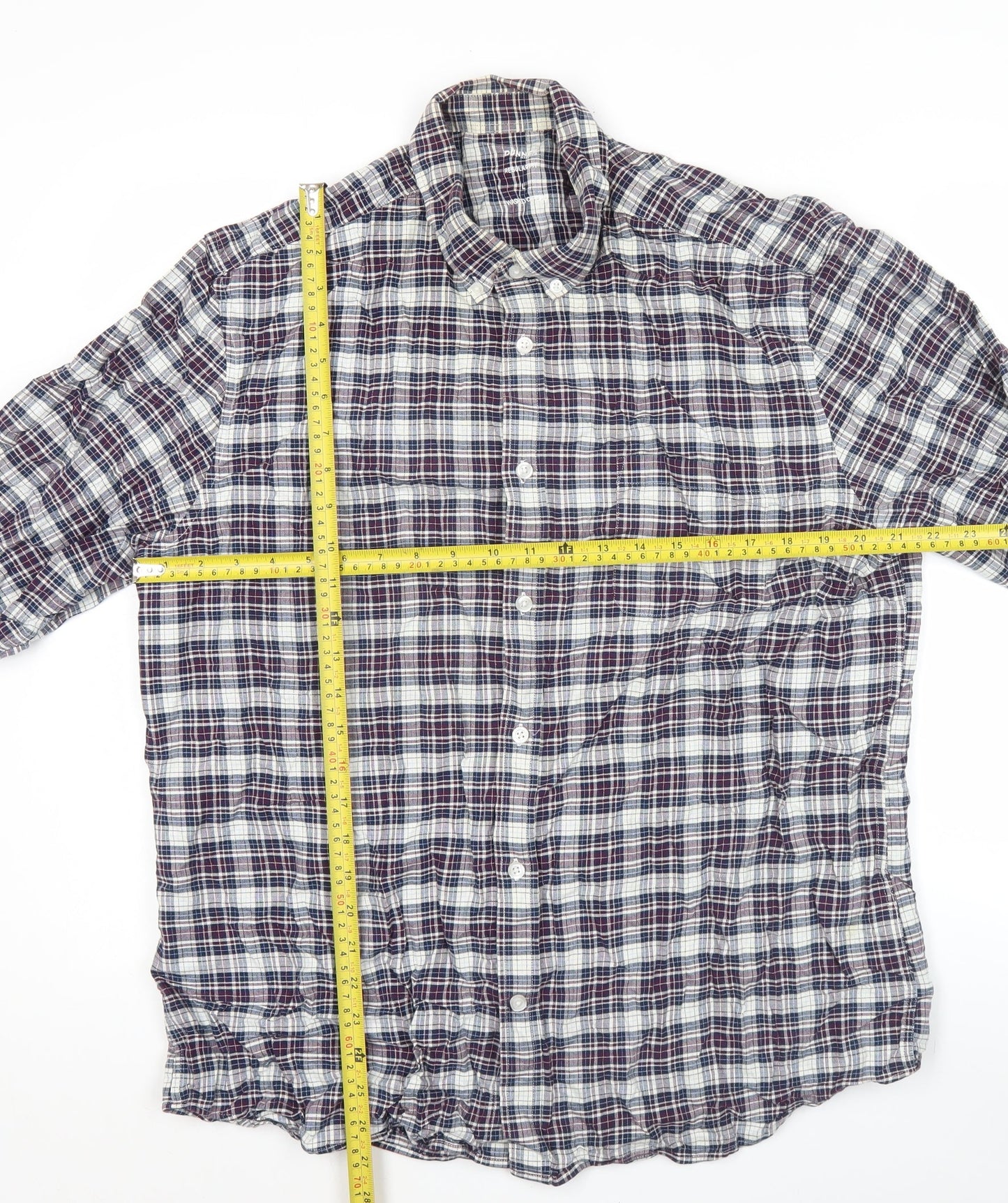 Dunnes Stores Men's Blue Plaid Cotton Regular Fit Long Sleeve Button-Up Shirt Size L