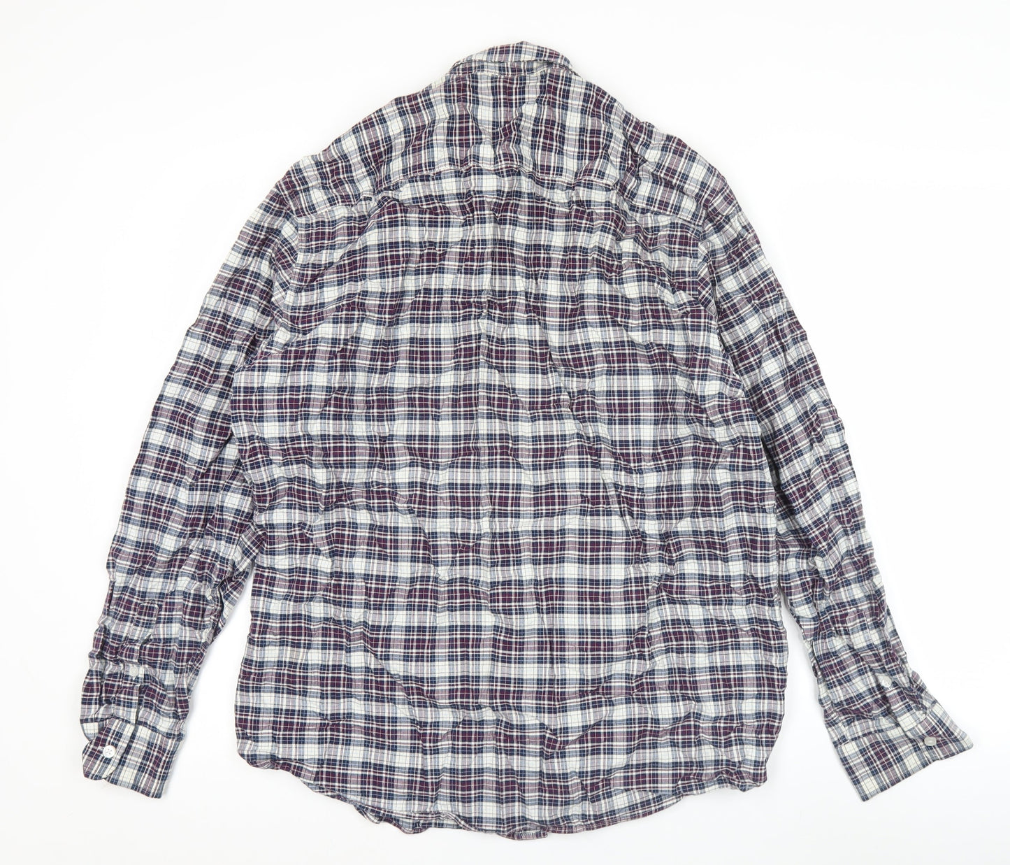 Dunnes Stores Men's Blue Plaid Cotton Regular Fit Long Sleeve Button-Up Shirt Size L