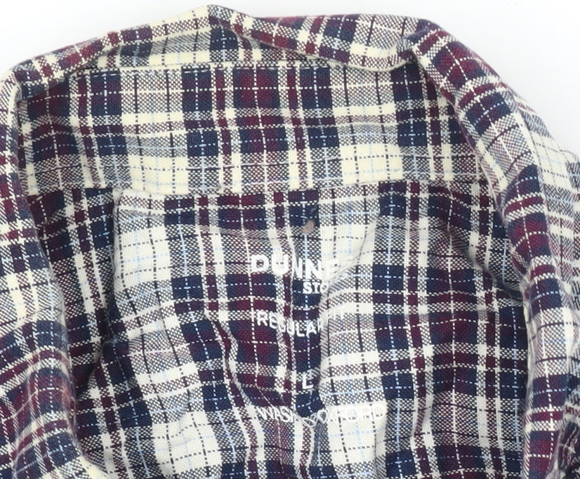 Dunnes Stores Men's Blue Plaid Cotton Regular Fit Long Sleeve Button-Up Shirt Size L