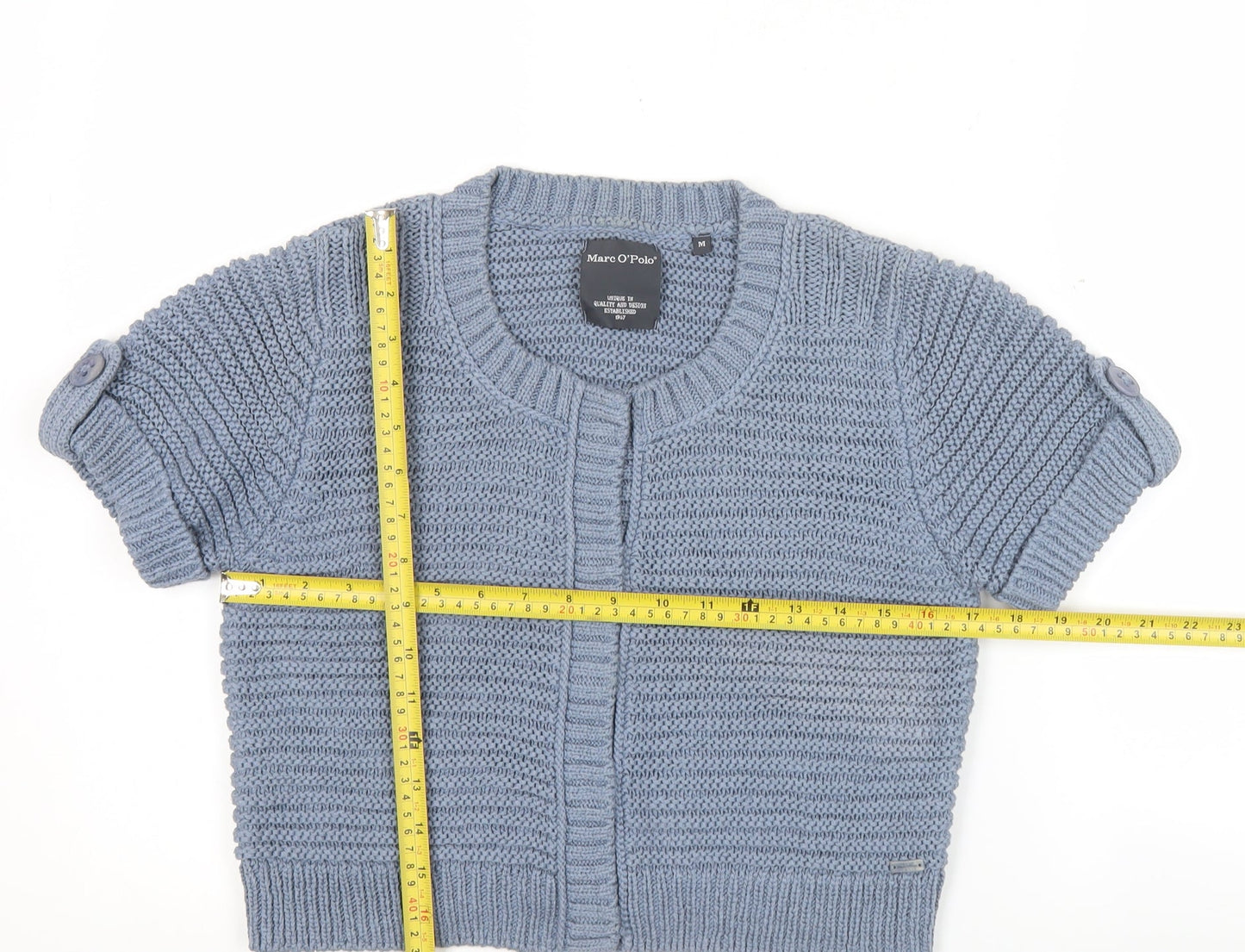 Marc O'Polo Women Blue Short Sleeve Knit Cardigan Size M Cotton Blend