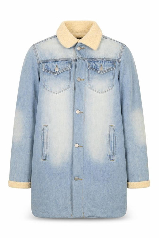Momokrom Men Blue Denim Long Sherpa Coat Jacket Size S