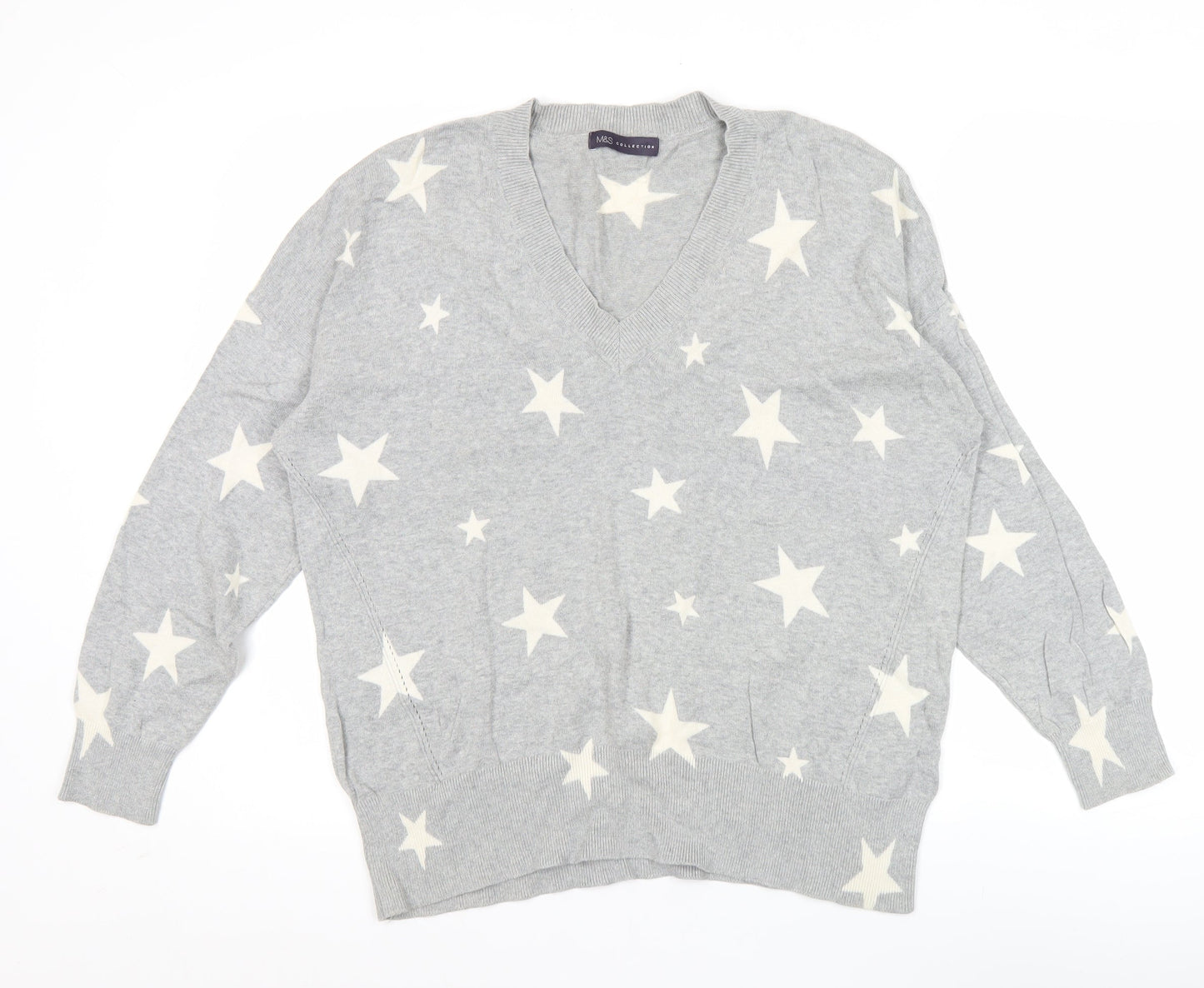 Marks and Spencer Womens Grey Star V-Neck Cotton Jumper Size L