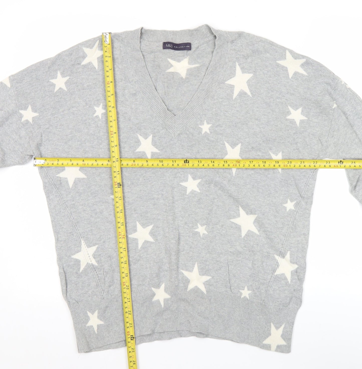 Marks and Spencer Womens Grey Star V-Neck Cotton Jumper Size L