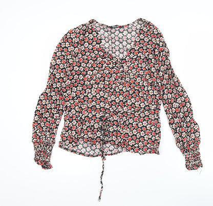 Peacocks Womens Black Floral V-Neck Long Sleeve Viscose Blouse Size 12