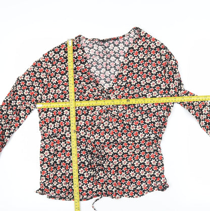 Peacocks Womens Black Floral V-Neck Long Sleeve Viscose Blouse Size 12