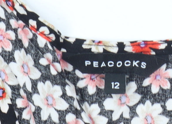 Peacocks Womens Black Floral V-Neck Long Sleeve Viscose Blouse Size 12