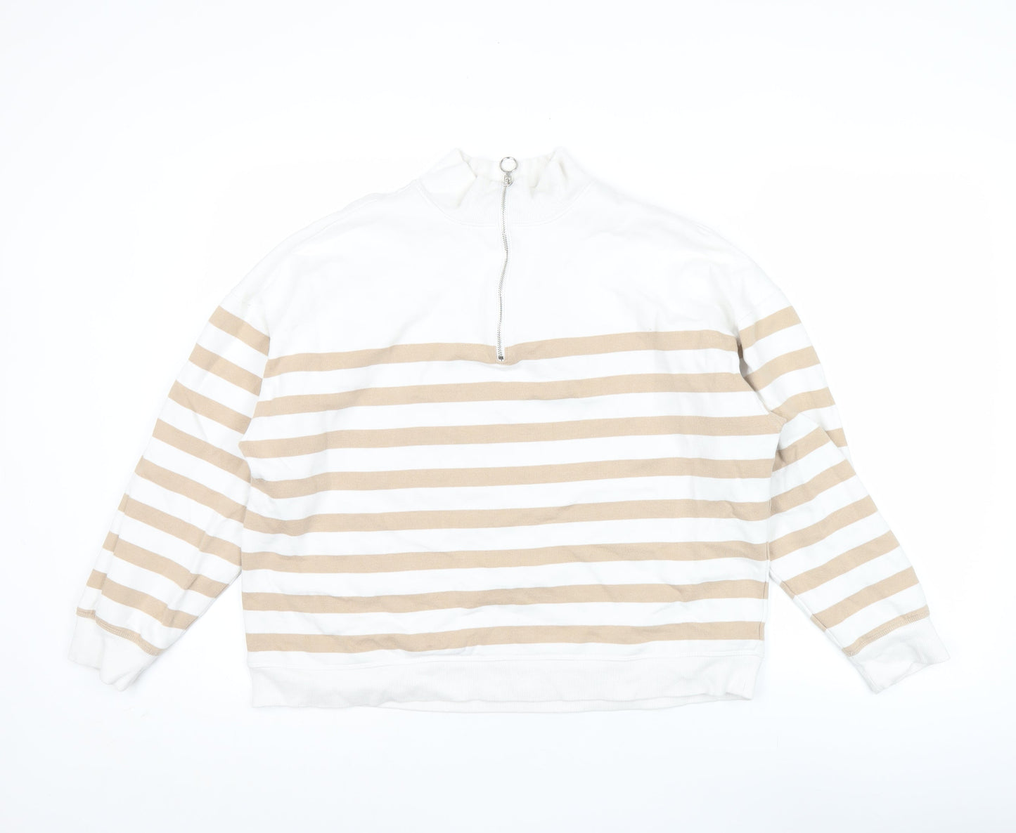 Marks and Spencer Women Beige White 1/2 Zip Striped Sweatshirt Size 14