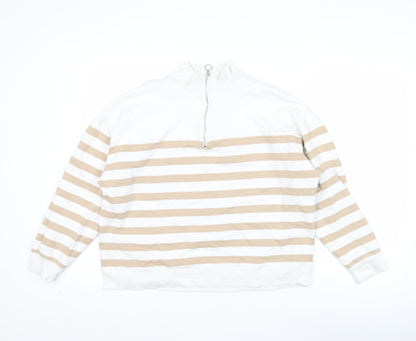 Marks and Spencer Women Beige White 1/2 Zip Striped Sweatshirt Size 14