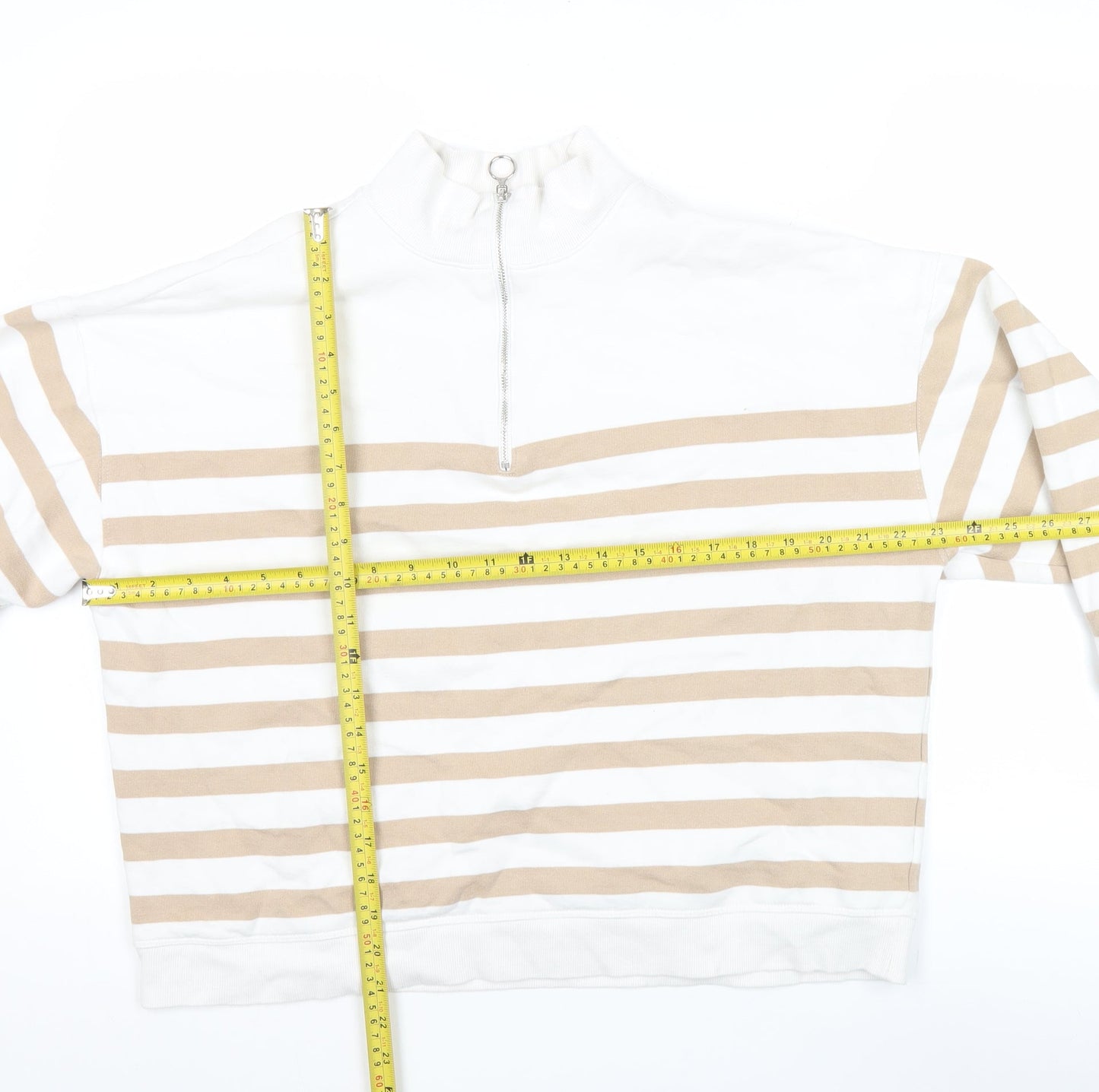 Marks and Spencer Women Beige White 1/2 Zip Striped Sweatshirt Size 14