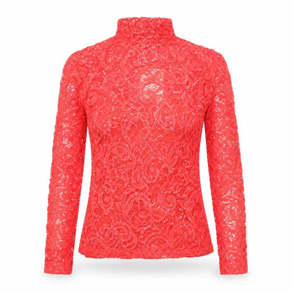 Savida Women's Red Sequin Lace High Neck Long Sleeve Blouse 2XS