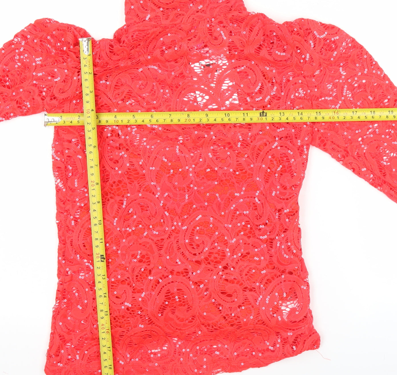 Savida Women's Red Sequin Lace High Neck Long Sleeve Blouse 2XS
