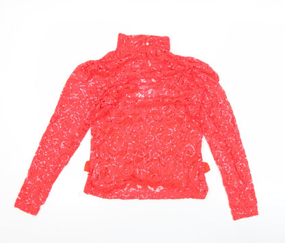Savida Women's Red Sequin Lace High Neck Long Sleeve Blouse 2XS