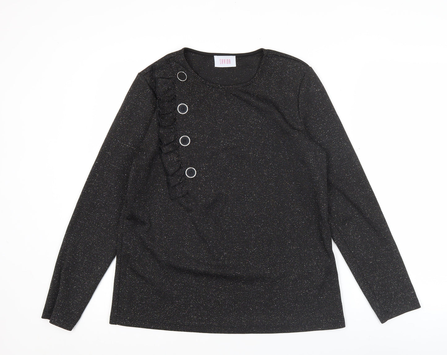 Savida Women’s Black Glitter Long Sleeve Ruffle Button Blouse Size 14